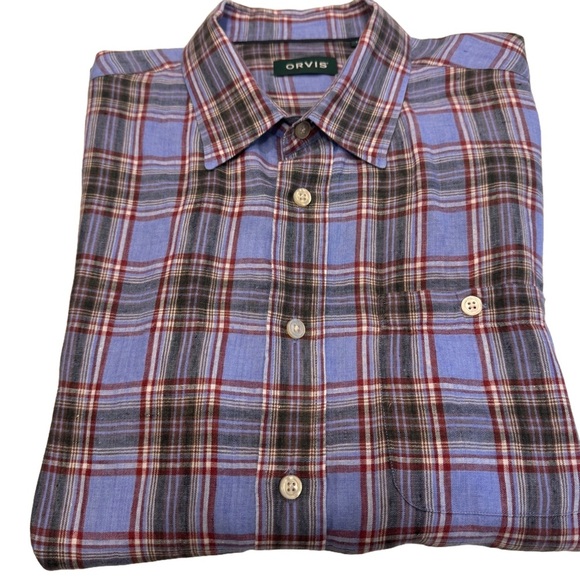 Orvis Men's 100% LINEN Button Down Shirt Short Sleeve Blue / Gray Plaid Sz L NEW - Picture 1 of 13
